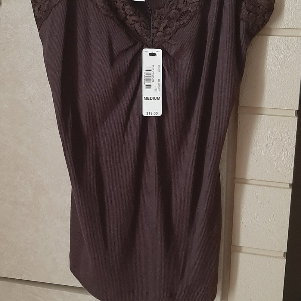 Worthington dk brown stretch camisole top, Sz L, Lace soft knit, cotton, spandex - Picture 6 of 6